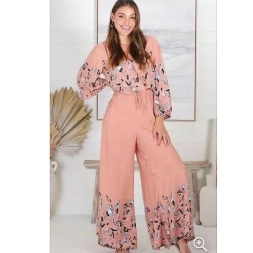 Anthropologie Jaase Floral Dandelion Wide Leg Jumpsuit Peach Blue Size XL Women - Picture 9 of 13